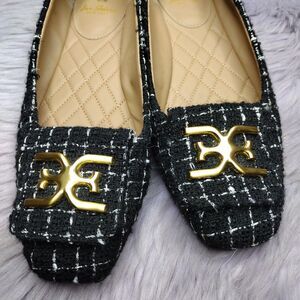 Sam Edelman Emina Square Toe Plaid Tweed Fabric Flats Women Sz 7.5 Black Slip On